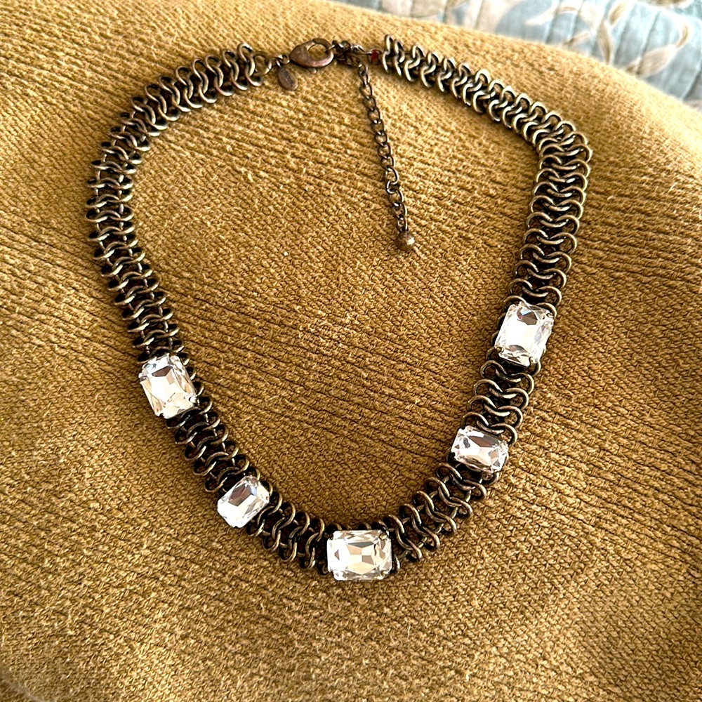 Vintage Chicos woven antique brass links with squares of large rhinestones